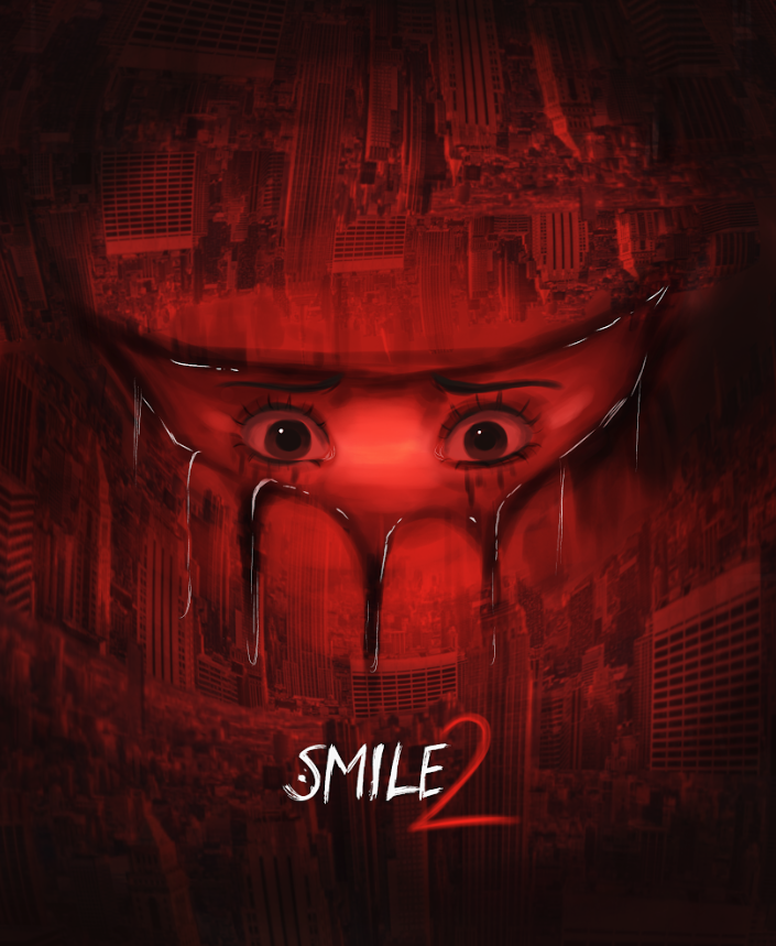 Skye Riley, played by Naomi Scott, centers in an unsettling graphic of a smile, dripping with blood, with a look of fear and madness, a look that becomes commonplace as she traverses through a world of madness and mystery haunted by the entity known as the “Smile Monster,” whose purpose is to kill and consume people into darkness.